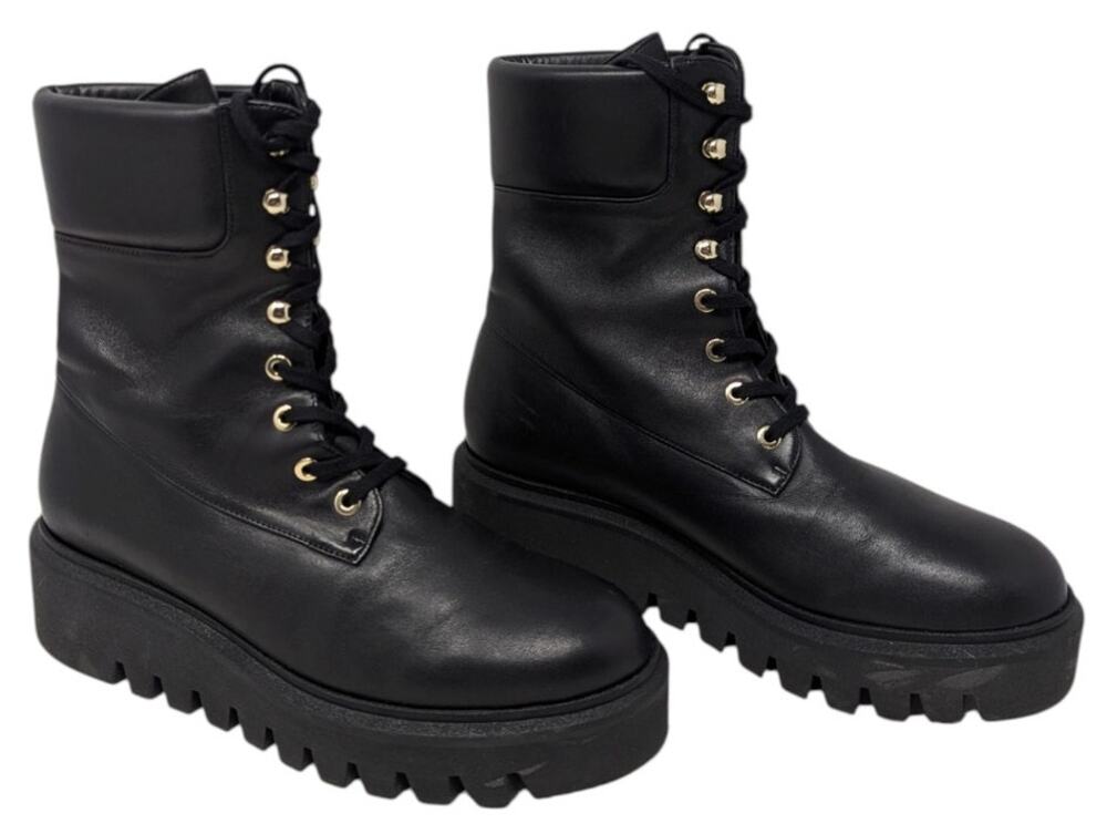 Stuart Weitzman Black Leather Platform Combat Boots Size 7.5 Lug Sole